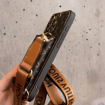 Anti-Choc iPhone Cuir Luxe — Portefeuille + Bandoulière (Monogramme Marron)
